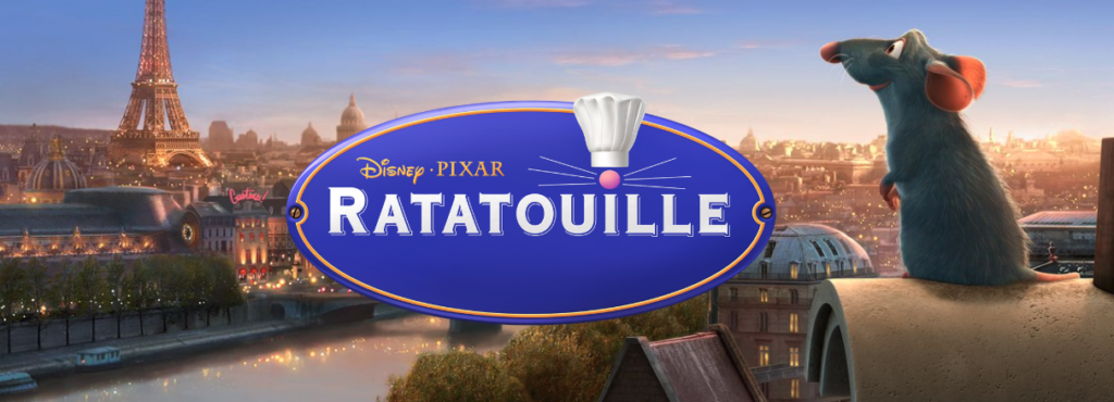 Remy the rat, standing by the Ratatouille movie logo with the Eiffel Tower in the background, symbolizing Pixar’s homage to culinary artistry and Parisian culture.